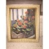 OLEO SOBRE TABLA. FLORES. FIRMADO MAXIMO.