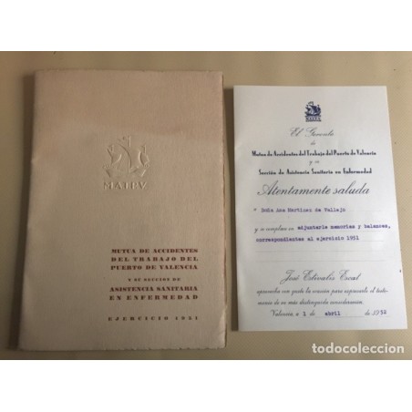MUTUA DE ACCIDENTES DEL TRABAJO DEL PUERTO DE VALENCIA-M.A.T.P.V.-EJERCICIO AÑO 1951.