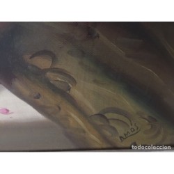 OLEO SOBRE LIENZO. FLORERO. FIRMADO AMÓS.
