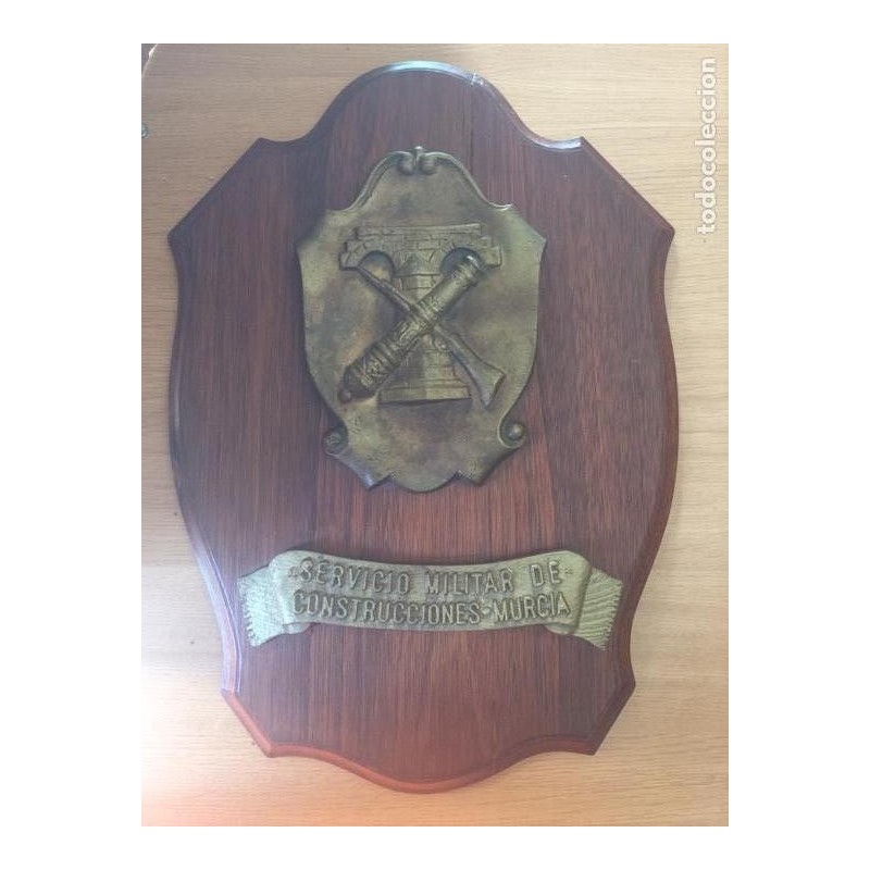 MILITAR. MURCIA.SERVICIO DE CONSTRUCCIONES. METOPA PLACA BRONCE MACIZO. MADERA ROBLE.