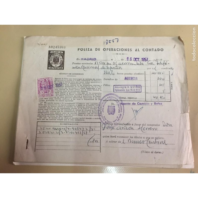 ACCIONES DE LA COMPAÑIA TELEFONICA NACIONAL DE ESPAÑA. 10 HOJAS. VARIOS TITULOS. AÑOS 1957-1967.
