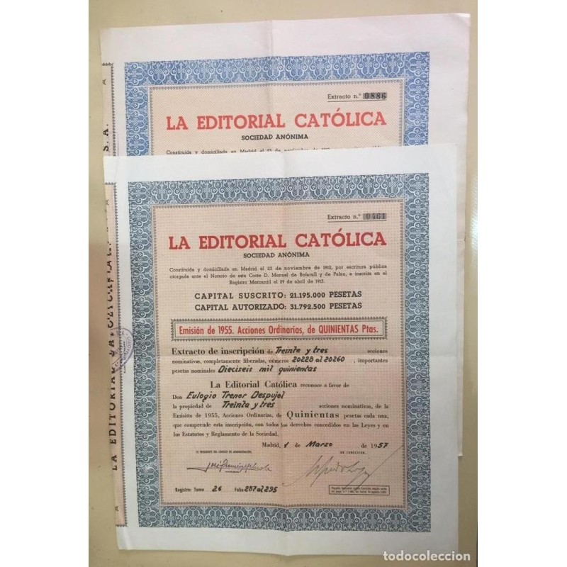 LA EDITORIAL CATOLICA. EMISION B DE 1957 Y 1964 .ACCIONES ORDINARIAS DE 500 PESETAS. 2 HOJAS.