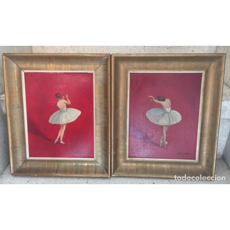 DOS OLEOS SOBRE TABLA. BAILARINAS. FIRMADADOS J. BALAGUER.
