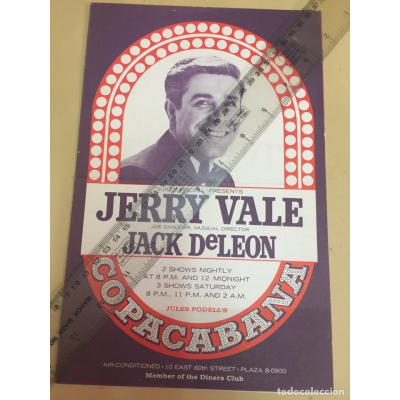 COPACABANA NIGHT CLUB. NEW YORK. PROGRAMA ORIGINAL. JERRY VALE-JACK DELEON.