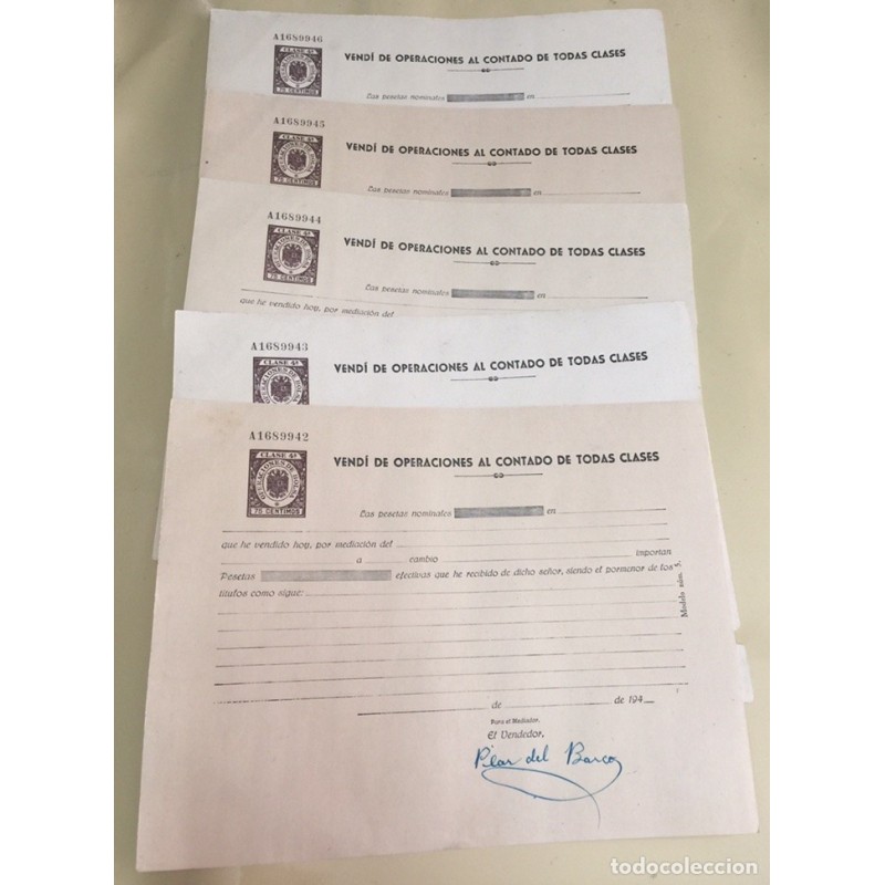 COLECCION DE 5 RECIBOS PAPEL DE ESTADO EPOCA FRANQUISTA. MUY RARO.