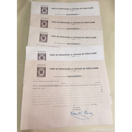 COLECCION DE 5 RECIBOS PAPEL DE ESTADO EPOCA FRANQUISTA. MUY RARO.