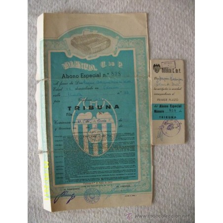 VALENCIA CLUB DE FUTBOL-ABONO ESPECIAL Nº 898-VALENCIA -1 DE JUNIO DE 1953.