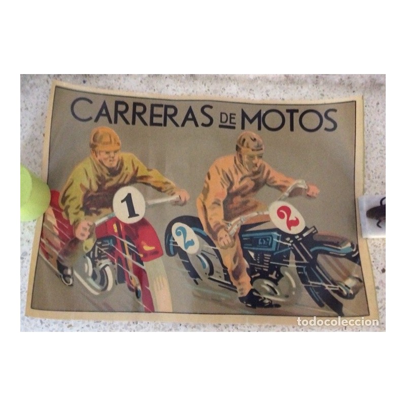 2 CARTELES DE JUEGOS DE MESA ESPAÑOLES . CARRERAS DE MOTOS. DE AYER A HOY.AÑOS 50.RARO.