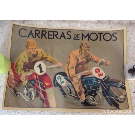 2 CARTELES DE JUEGOS DE MESA ESPAÑOLES . CARRERAS DE MOTOS. DE AYER A HOY.AÑOS 50.RARO.