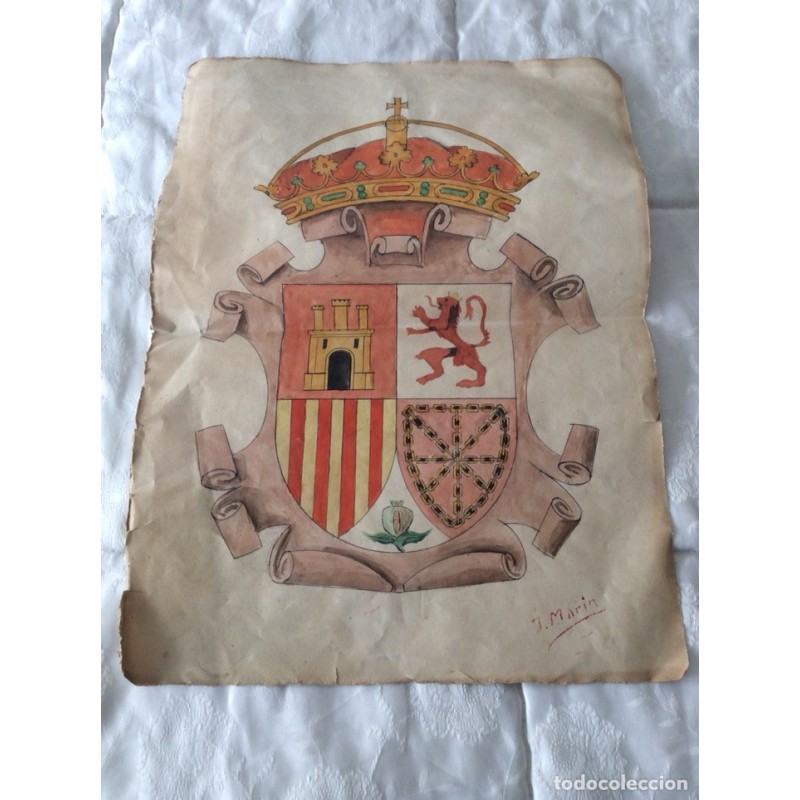 J. MARÍN-ESCUDO DE ESPAÑA-ACUARELA SOBRE CARTULINA.FIRMADO.