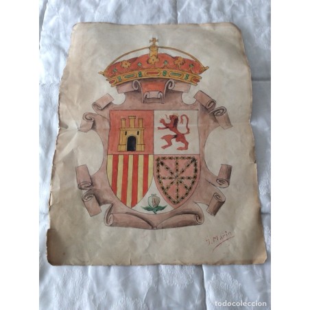 J. MARÍN-ESCUDO DE ESPAÑA-ACUARELA SOBRE CARTULINA.FIRMADO.