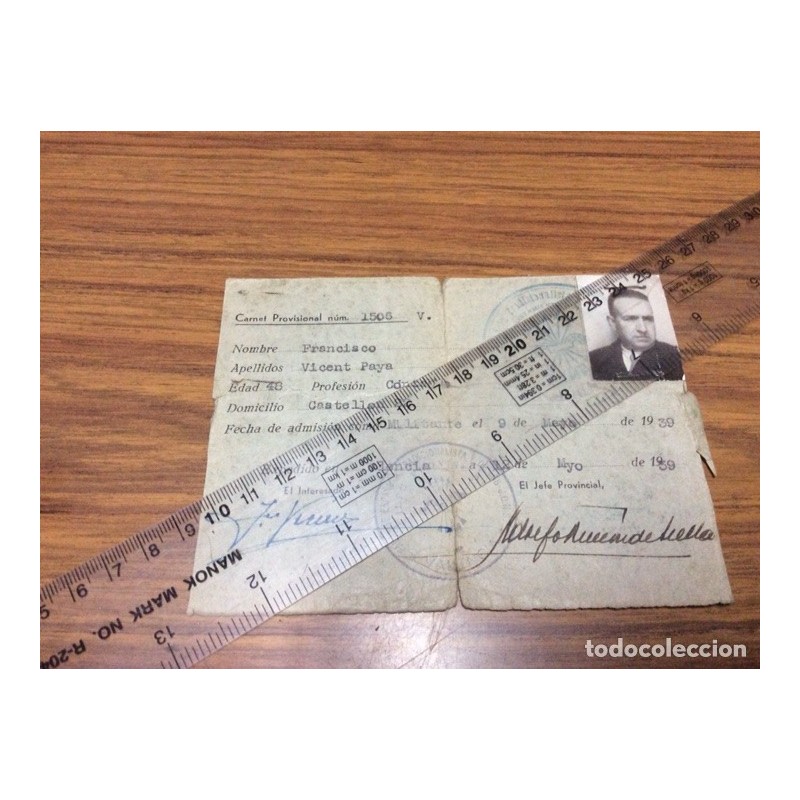FALANGE ESPAÑOLA TRADICIONALISTA Y DE LA JONS DE VALENCIA.NOMBRE FRANCISCO VICENT PAYA.AÑO 1939. FALANGE ESPAÑOLA TRADICIONALISTA Y DE LA JONS DE VALENCIA.NOMBRE FRANCISCO VICENT PAYA.AÑO 1939.
