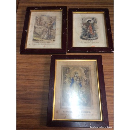3 LITOGRAFÍAS ENMARCADAS.NUESTRA SEÑORA DEL REMEDIO-SAN ROQUE-SAN CARALAMPIO.SIGLO 17-18.