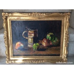 ÓLEO BODEGÓN EN TABLA. FIRMADO.